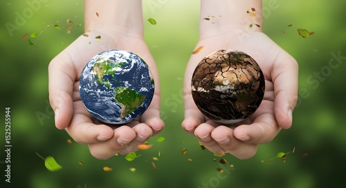 Two mini Earths in hand show nature's fate and responsibility.
