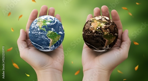 Two mini Earths in hand show nature's fate and responsibility.
