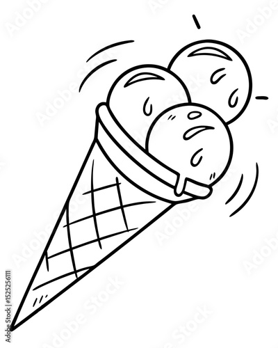 Vector illustration, outline art, classic ice cream cone, double scoop, simple clean lines, isolated on white.