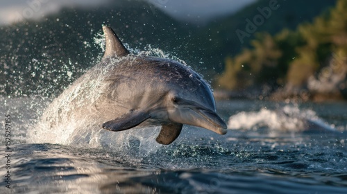 A playful dolphin leaping out of the sea, water droplets sparkling in the sunlight, capturing marine life energy