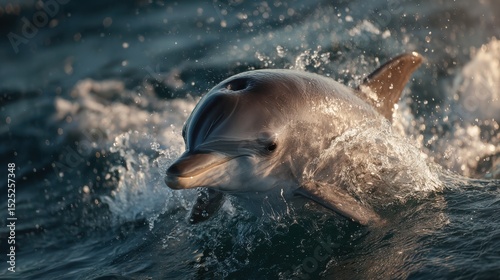 A playful dolphin leaping out of the sea, water droplets sparkling in the sunlight, capturing marine life energy