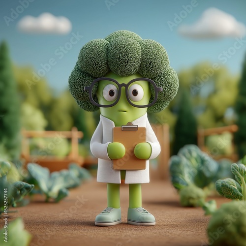 Endearing 3D cartoon of a broccoli character with glasses and a lab coat, holding a clipboard, standing on a garden path surrounded by vegetables