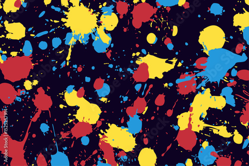 Paint splatters in bold primary colors. Energetic splashes of red, yellow, and blue create a vibrant, artistic texture on a dark background, inspired by abstract expressionist art.