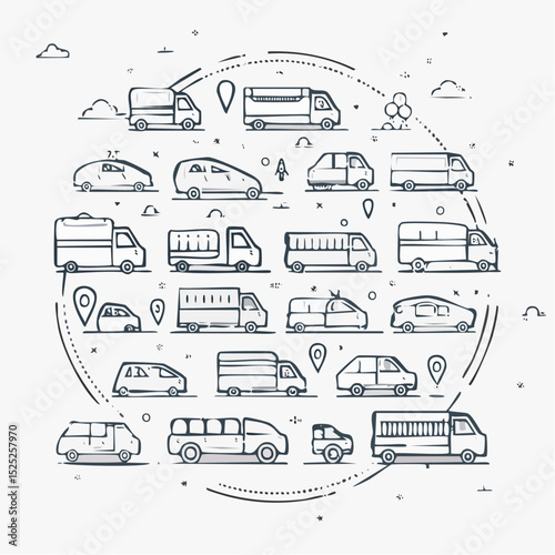 A detailed illustrative collection of various transportation vehicles arranged in a circular formation with black outlines on a white background.