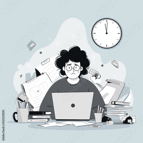 An animated illustration depicts an anxious student buried under stacks of papers and books, with a ticking clock, symbolizing study stress