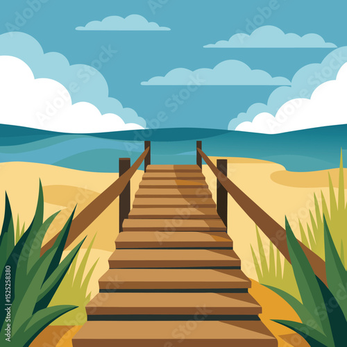 A Wooden Pathway With Stairs Leading Down To A Bea