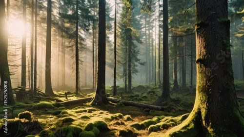 Mystical forest at dawn, dense pines, golden light through fog, mossy ground, glowing particles, dreamy vibe, cinematic framing, subtle lens flare, 4K resolution.

