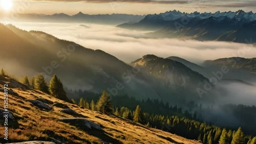 Sunrise over a vast mountain range, golden rays through clouds, alpine trees, misty slopes, detailed rocky textures, photorealistic, soft warm light, wide-angle, serene and majestic.
