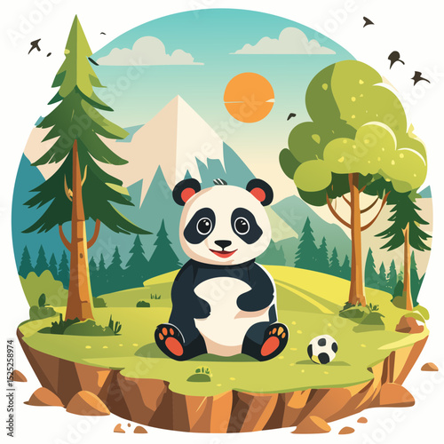 Adorable cartoon panda sitting on a grassy island with a soccer ball, trees, mountains, and sun in a cheerful, idyllic nature scene.