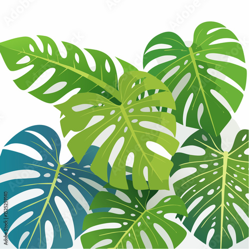 An eye-catching vector illustration featuring overlapping vibrant green and blue monstera leaves with intricate fenestrations against a clean white background.