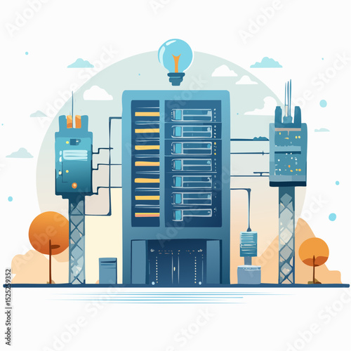 An illustrative depiction of a data center with interconnected towers, a central server room, and an illuminating lightbulb above, showcasing technology.