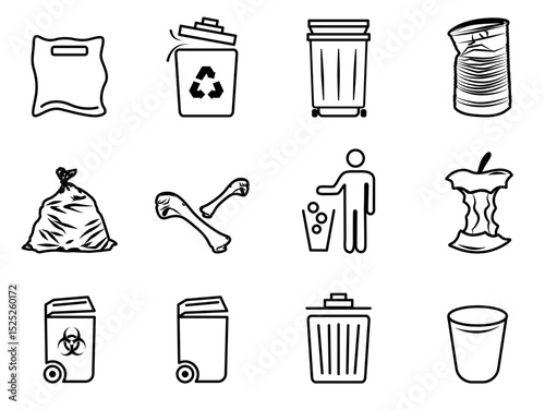 Recycling and sorting waste chute flat icon set. Waste sorting. Vector illustration of garbage, factory, garbage truck, radioactive waste.