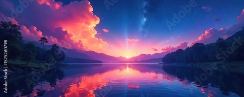 Night sky ablaze with vibrant, ethereal rainbow hues reflecting on a tranquil lake, creating a surreal, magical dreamscape , peaceful, ethereal, calm