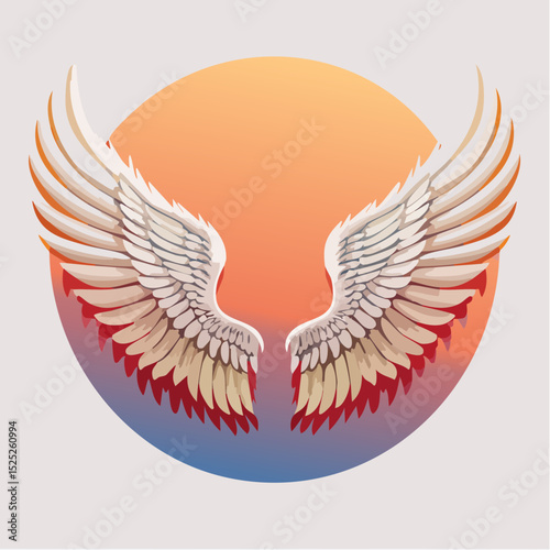 Vector illustration of stylized angel wings with detailed feathers, set against a gradient orange and blue background within a circular shape, representing freedom.
