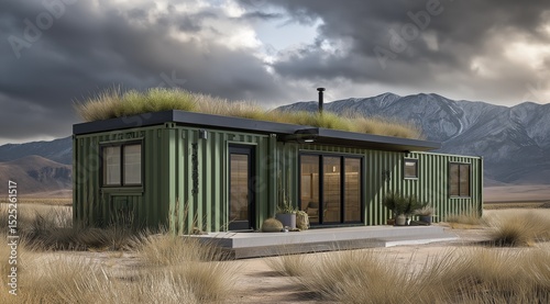 A contemporary shipping container home with a lush green roof, nestled in a vast, arid landscape with mountains under a cloudy sky
