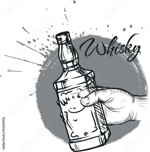 Whiskey design in sketch style, hand drawing bottle of alcohol in hand, bar poster. Strong alcohol, brandy, drink, restaurant banner, party