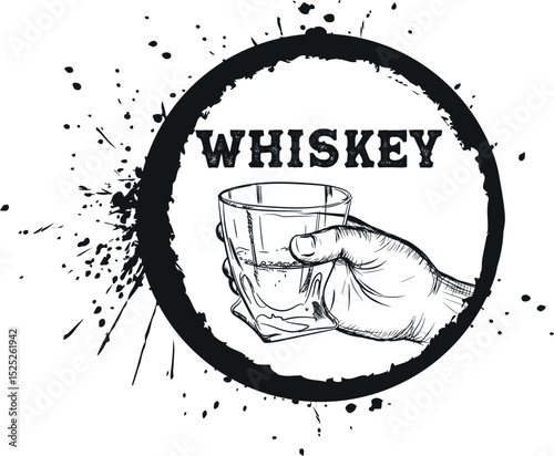 Grunge style design, circle, splash, bottle of alcohol in hand, sketch drawing, strokes. Vector graphics bar poster, restaurant menu, whiskey, brandy, rum, party