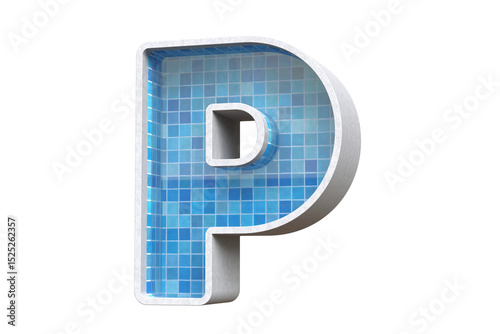 Realistic 3D typography of the Letter P designed as a pool with blue tiles suitable for water themed concepts. High quality 3D rendering.