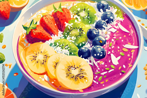 Colorful Smoothie Bowl with Fruit Toppings, Seeds and Coconut – Festive Style