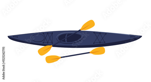 Illustration of a dark blue kayak with two yellow paddles, ready for water activities.