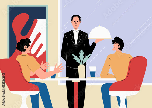 A waiter serving food to two guests engaged in conversation at a modern restaurant