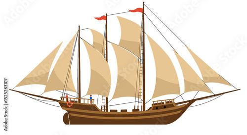 A detailed illustration of a classic wooden sailing vessel with tan sails.