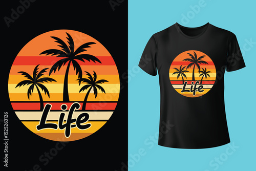 Beachside Escape T-Shirt Design – Vintage Ocean and Sunset Art, Tropical Summer Vibes T-Shirt – Palm Trees and Warm Horizon, Tropical Shoreline Graphic Tee – Ocean and Palm Paradise.