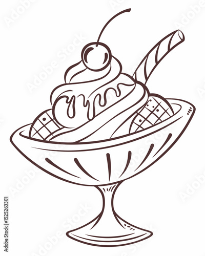 Vector illustration, outline, ice cream sundae, cherry on top, whipped cream, elegant lines, white background.