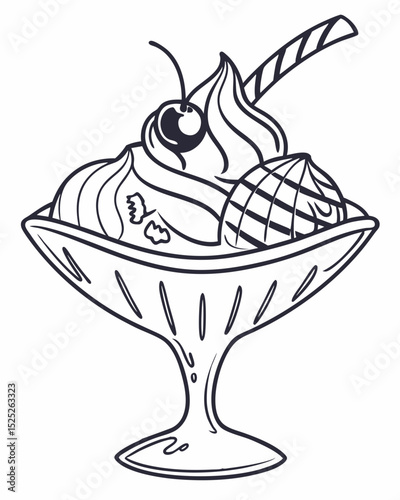 Vector illustration, outline, ice cream sundae, cherry on top, whipped cream, elegant lines, white background.