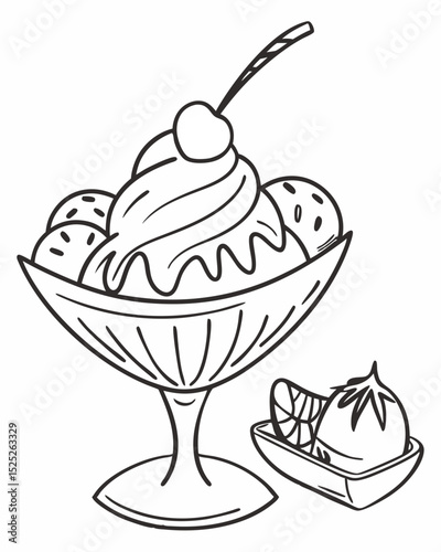 Vector illustration, outline, ice cream sundae, cherry on top, whipped cream, elegant lines, white background.