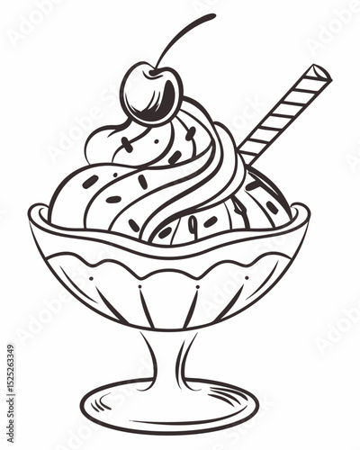 Vector illustration, outline, ice cream sundae, cherry on top, whipped cream, elegant lines, white background.