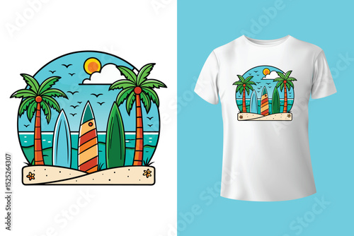 Beachside Escape T-Shirt Design – Vintage Ocean and Sunset Art, Tropical Summer Vibes T-Shirt – Palm Trees and Warm Horizon, Tropical Shoreline Graphic Tee – Ocean and Palm Paradise.