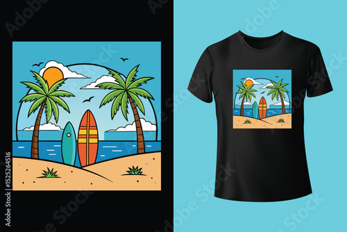 Beachside Escape T-Shirt Design – Vintage Ocean and Sunset Art, Tropical Summer Vibes T-Shirt – Palm Trees and Warm Horizon, Tropical Shoreline Graphic Tee – Ocean and Palm Paradise.
