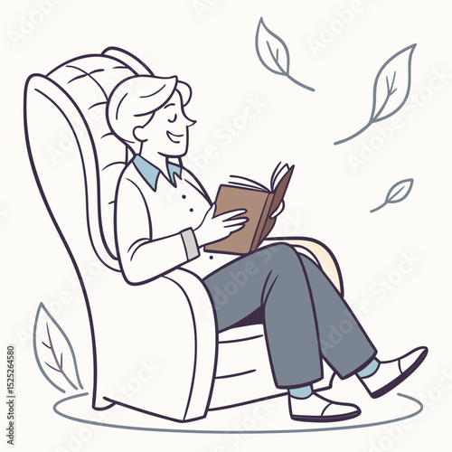Man reading book in armchair with falling leaves vector art