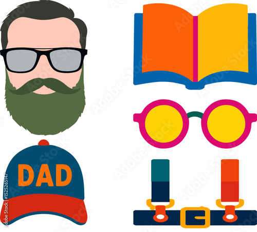 Intellectual Dad's Essentials: A captivating flat design image that features the essential items of an intellectual father. Includes eyeglasses, an open book, the word "DAD" on a cap, suspenders.