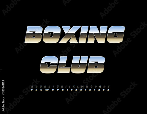 Vector Sports logo Boxing Club. Dynamic Silver Font. Trendy Cool Metallic Alphabet Letters and Numbers set.