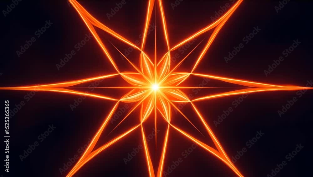 Bright glowing symmetrical red star shape radiating neon light with abstract motion effect
