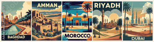 Set of retro Mid Century Modern travel posters featuring Middle East destinations: Baghdad, Amman, Dubai, Morocco, Riyadh. Vintage-style cityscape illustrations for wall decor or design photo