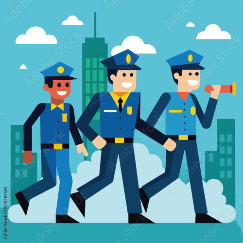 Explore our dynamic flat color illustration depicting police officers on a mission, ideal for law enforcement themes and action-packed designs.
