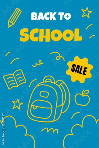Vector back to school banner in linear doodle style with yellow outline icons and bold lettering. Includes backpack, apple, stars, and sale label on a blue background. 