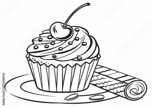 Detailed outline vector of a kue cupcake dengan icing dan cherry, focus on intricate details of the frosting indicated by line variations, clean black outline.