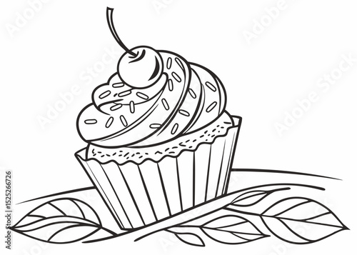 Detailed outline vector of a kue cupcake dengan icing dan cherry, focus on intricate details of the frosting indicated by line variations, clean black outline.