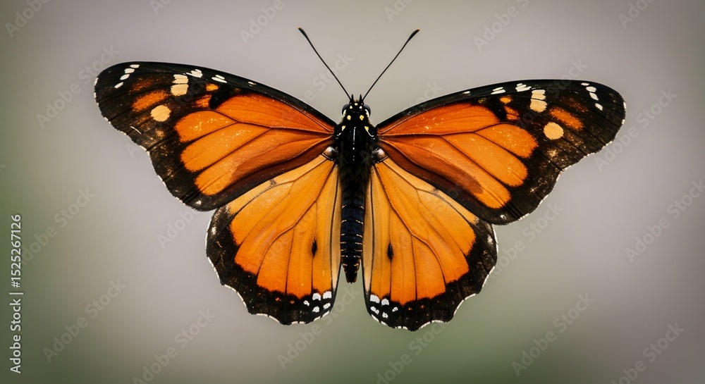 Obraz premium Close-up macro of a colorful monarch butterfly with delicate orange and black wings on a vibrant flower in a summer garden, showcasing its natural beauty