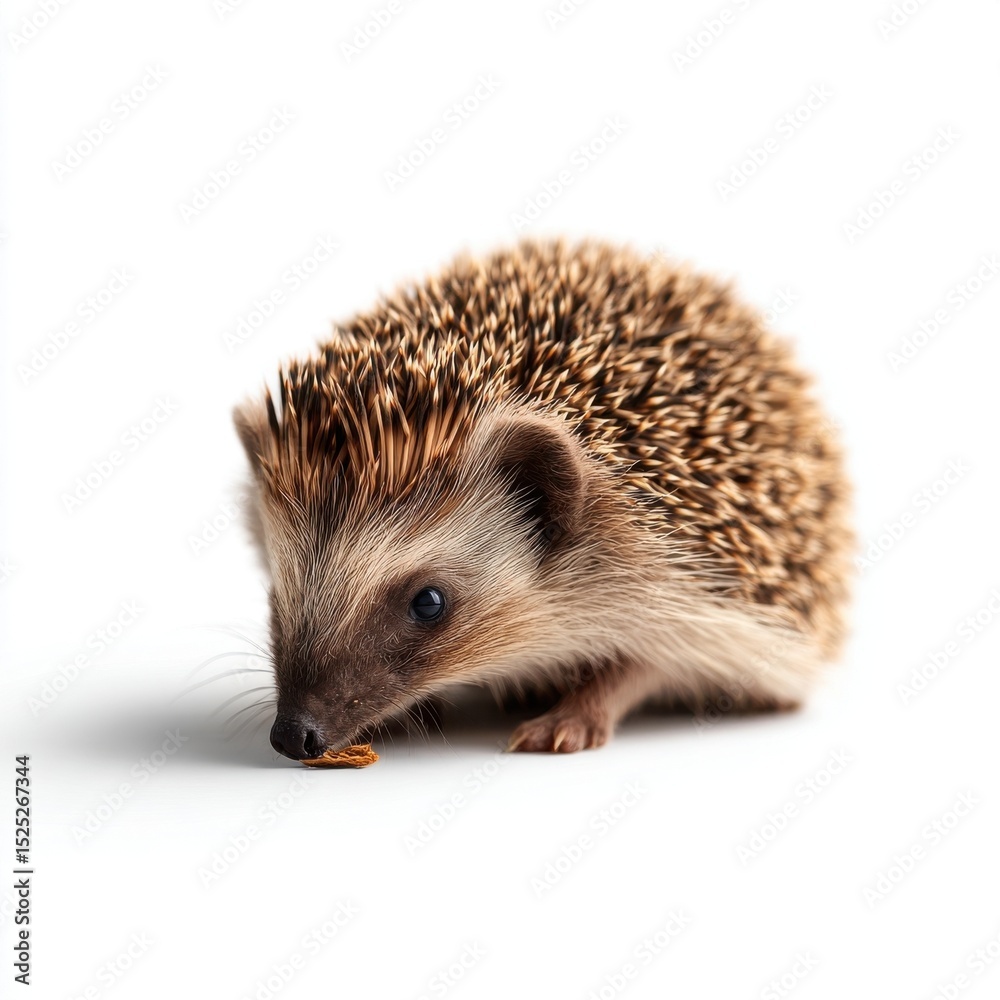Fototapeta premium A small hedgehog with spiky fur is standing on a white background, appearing to sniff or eat something on the ground.