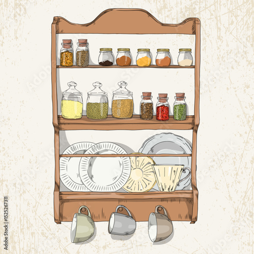 Hand-drawn illustration of a vintage-style wooden kitchen wall shelf with jars of spices, cereals, plates and suspended cups on a light textured background.