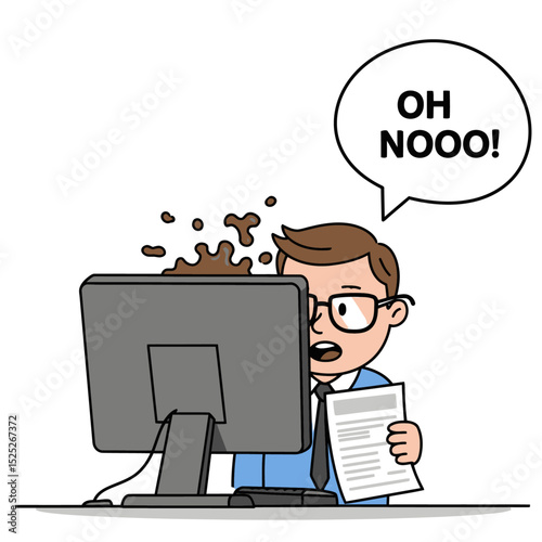 Cartoon man spills drink on computer screen in a work setting expressing distress