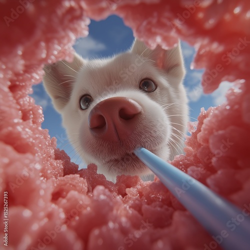 An adorable white puppy with blue eyes looks up from a hole in a soft, pink, textured substance, holding a blue straw