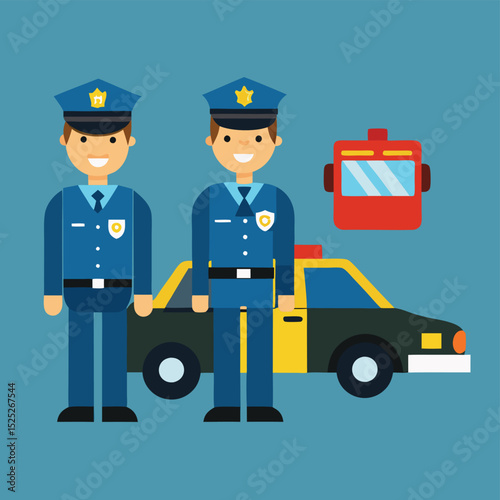 Explore our high-quality police officers and car flat vector illustration, ideal for law enforcement themes in design projects.
