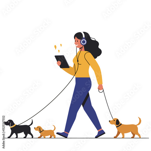 Woman walks three dogs while using a tablet wearing headphones