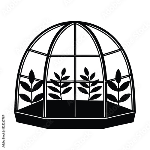 Greenhouse dome with plant silhouettes  inside on white background